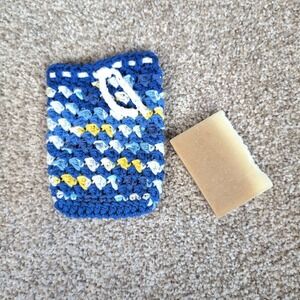 Crocheted Soap Saver Pouch Sunkissed/Blue White Yellow‎ Handmade Soap Bag